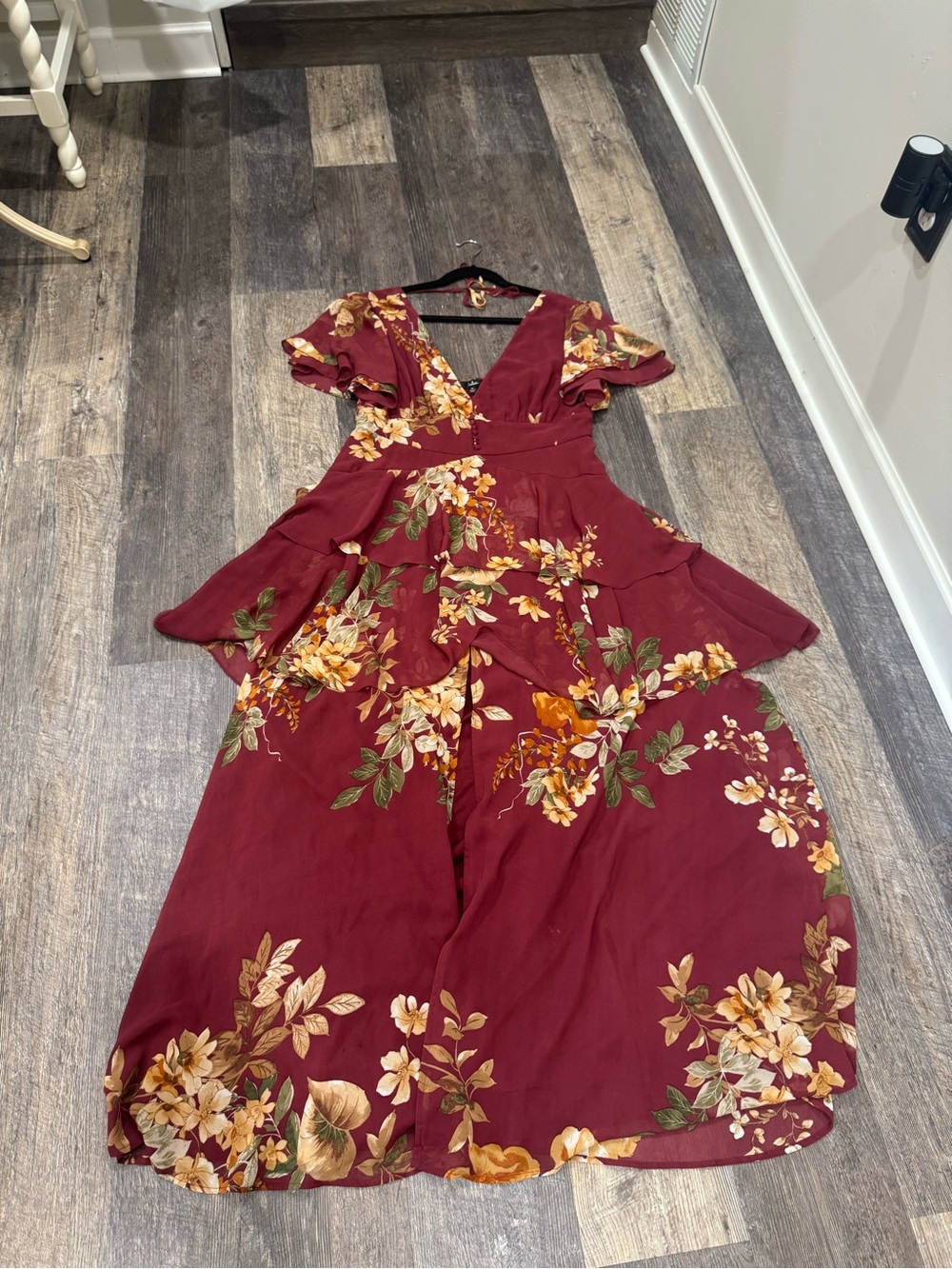 Lulu's Burgundy Floral Wrap Maxi Dress